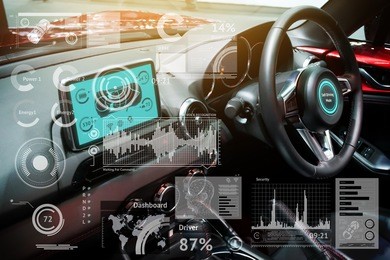 smart car (hud) concept. empty cockpit in vehicle and self-driving mode car graphic screen with flare light