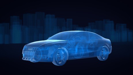 car xray blue transparent with city background.3d render