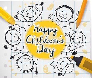 poster with school supplies, notebook paper and cute children drawing around greeting label to celebrate children's day.