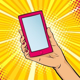 pop art background with female hand holding a smart phone with empty screen for your offer . vector colorful hand drawn illustration in retro comic style.