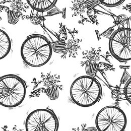 beautiful seamless background with flowers and bikes in vintage style.