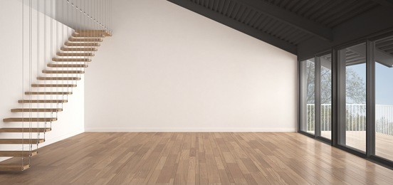 minimalist mezzanine loft, empty industrial space, metal roofing and parquet floor, scandinavian classic white interior design with garden panorama, 3d illustration