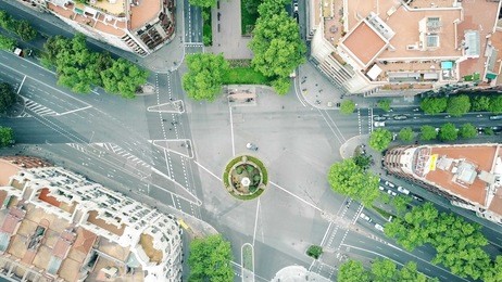 streets and residential houses in barcelona, spain, top view