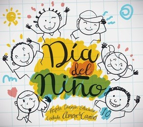 poster with notebook paper and cute doodle drawing of happy kids and precepts to celebrate children's day (written in spanish).