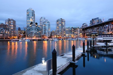 night scene of city from granville island, vancouver, british columbia, canada