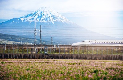 view of mt fuji and tokaido shinkansen, shizuoka, japan.