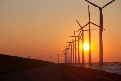 silhouette of windmills with a sunset