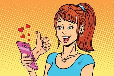 young woman reading smartphone online like, love and support. pop art retro vector illustration