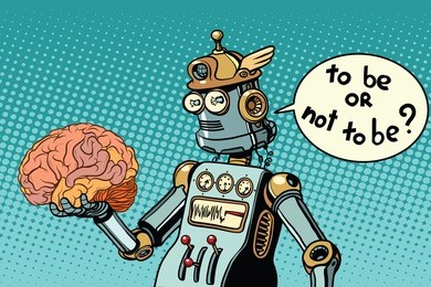 artificial intelligence and the human brain. to be or not to be a scene from shakespeare. pop art retro vector illustration
