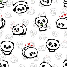 seamless pattern with cute panda asian bear vector illustrations, collection of chinese animals simple texture elements, black and white mammals icons set.