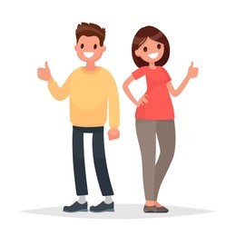 thumb lifted up. cool. man and woman show approval gesture. vector illustration in a flat style
