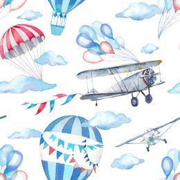 watercolor festive sky seamless pattern. hand painted wallpaper design: vintage airplane, flags garlands, hot air balloon, party air balloons, parachute on white background. baby boy repeating texture