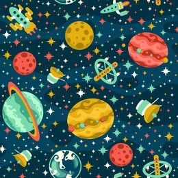 seamless space pattern with planets and spaceships