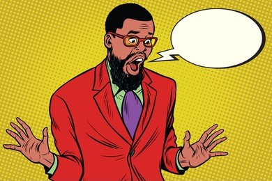 shocked hipster bearded african american businessman says comic cloud. pop art retro vector illustration