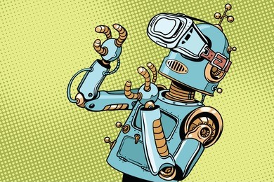 scared retro robot in vr glasses. pop art retro vector illustration