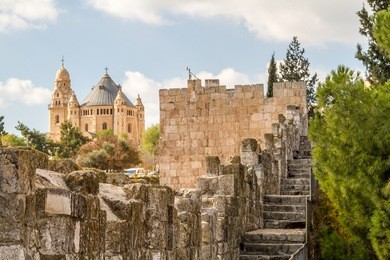 view of the dormition abbey from the wall of the old city of jerusalem, israel