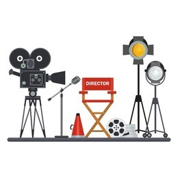 film directors chair with megaphone, projector, camera and clapboard. work on the set of the film. flat vector cartoon illustration. objects isolated on a white background.