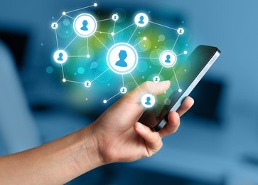 finger pointing on smartphone with social network illustration