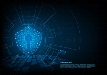 cyber security concept: shield with keyhole icon on digital data background. illustrates cyber data security or information privacy idea. blue abstract hi speed internet technology.