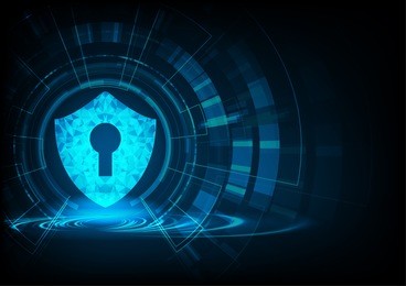 cyber security concept: shield with keyhole icon on digital data background. illustrates cyber data security or information privacy idea. blue abstract hi speed internet technology.