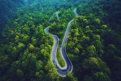 a winding road between tropical forests is visible from the air in north sumatra, indonesia.