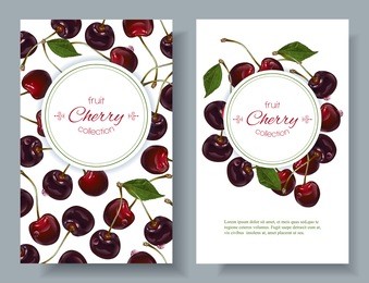 vector cherry vertical banners on white background. design for sweets and pastries filled with cherry, dessert menu, natural cosmetics, health care products. with place for text