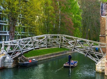 the "mathematical bridge" over the river cam at cambridge. this famous wooden bridge at queens college was originally designed and built in 1749 but has been rebuilt twice since.
