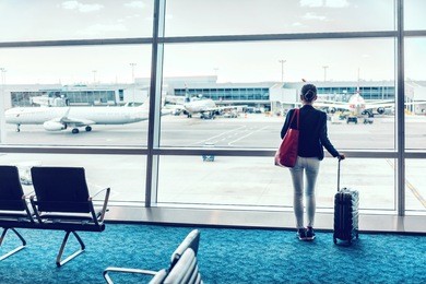 travel business woman standing with luggage at airport