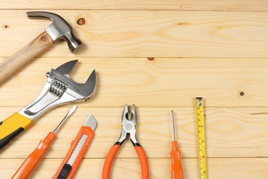 industrial tools on wooden background / tools texture / tools background