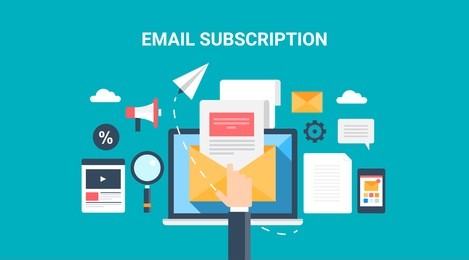 flat concept email subscription, opening email, newsletter marketing vector illustration with marketing icons isolated on dark background