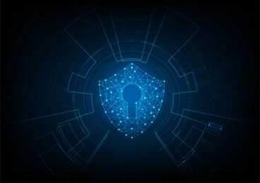 cyber security concept: shield with keyhole icon on digital data background. illustrates cyber data security or information privacy idea. blue abstract hi speed internet technology.