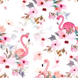 watercolor seamless pattern. floral print with flamingo