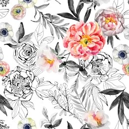 watercolor and ink doodle flowers, leaves, weeds seamless pattern. hand painted, drawn floral background with peonies, anemones, ranunculus, dog rose branch, meadow herbs