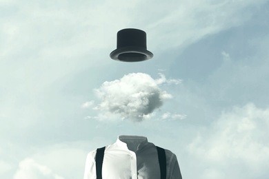 surreal man heads in the clouds