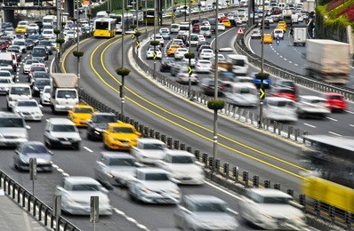controlled-access highway in istanbul during rush hour.
