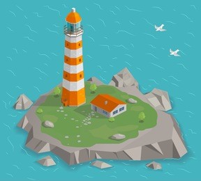 vector illustration of a lighthouse on the island. sea, house, rock.  isometric