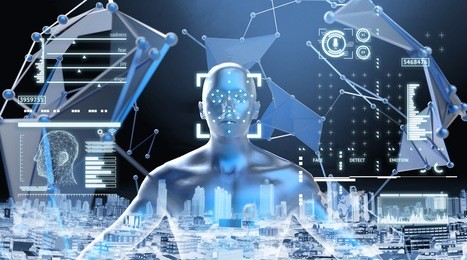 machine learning systems , accurate facial recognition biometric technology and artificial intelligence deep learning concept. 3d rendering of man face and dots connect with city background.