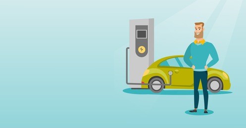 young caucasian man charging electric car at charging station. man standing near power supply for electric car. charging of electric car. vector flat design illustration. horizontal layout.