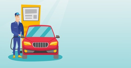caucasian gas station worker filling up fuel into the car. smiling worker in workwear at the gas station. young gas station worker refueling a car. vector flat design illustration. horizontal layout.