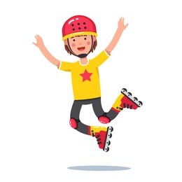 smiling teen boy wearing protective gear helmet and kneepads jumping and rolling on roller blades. flat style character vector illustration isolated on white background.