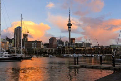 beautiful of auckland city central business district waterfront with the sky tower in the twilight sky scene background