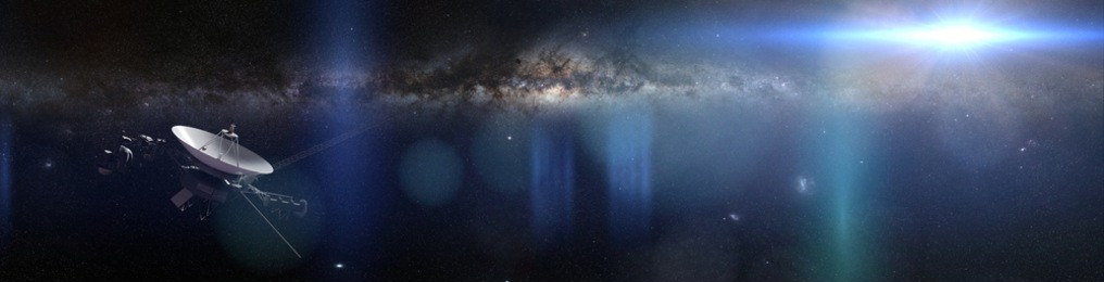 voyager spacecraft in front of the milky way galaxy and a bright blue star in deep space (3d illustration banner, elements of this image are furnished by nasa) 