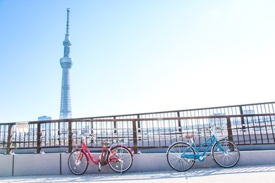 blue and red bicycle park at the railing of the bridge on the road along sumida river, see tokyo sky tree at opposite site, asakusa, tokyo, japan.