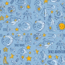 seamless vector pattern space, satellite, moon, stars, spacecraft, space station space hand drawn doodle icons and patterns