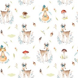 cute baby foxes and deer animal seamless pattern, nursery isolated illustration for children clothing. watercolor hand drawn boho image perfect for phone cases design, nursery posters, postcards