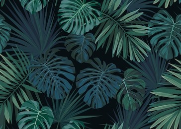 seamless hand drawn botanical exotic vector pattern with green palm leaves on dark background.
