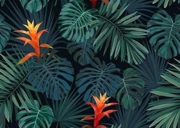 hand drawn vector seamless tropical floral pattern with guzmania flowers, monstera and royal palm leaves. exotic hawaiian fabric design.
