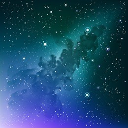 vector digital colorful illustration. astrology cyan background. outer space square bright backdrop. night magenta sky fond. stars. watercolor blue galaxy. milky way. nebula. cosmic dust. path