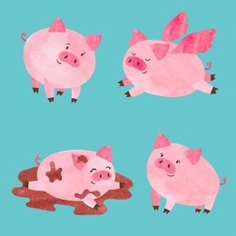 cute watercolor pigs set. vector cartoon illustration.