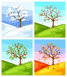 four seasons. illustration of tree and landscape in winter, spring, summer, autumn